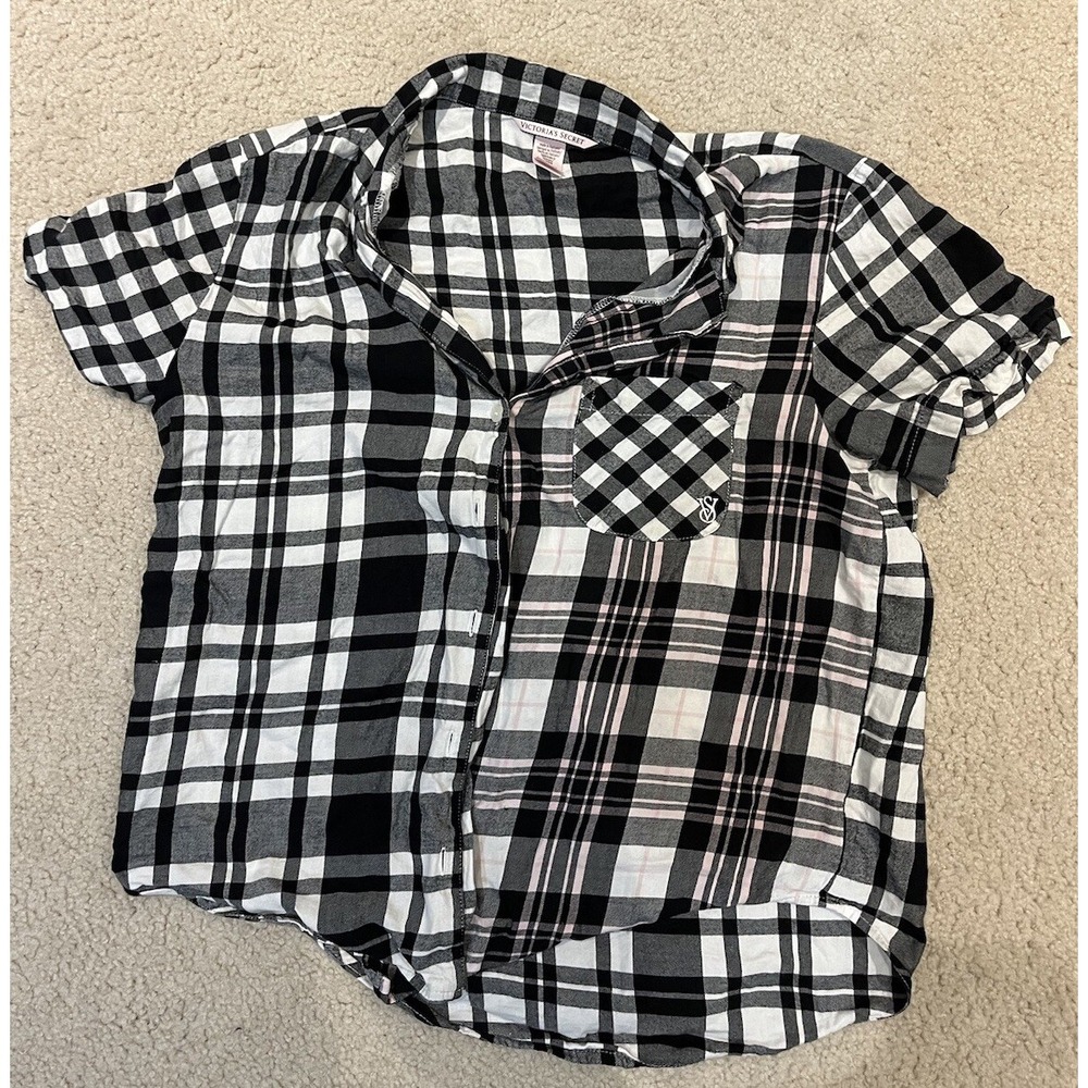 Victoria's Secret Pink Black Short Sleeve Button Flannel Pajama Top Size‎ XS